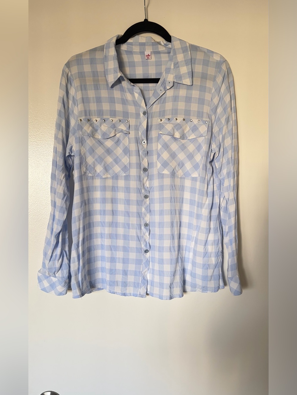 Women’s Light Blue Gingham Button-Down Shirt with Studded Pockets